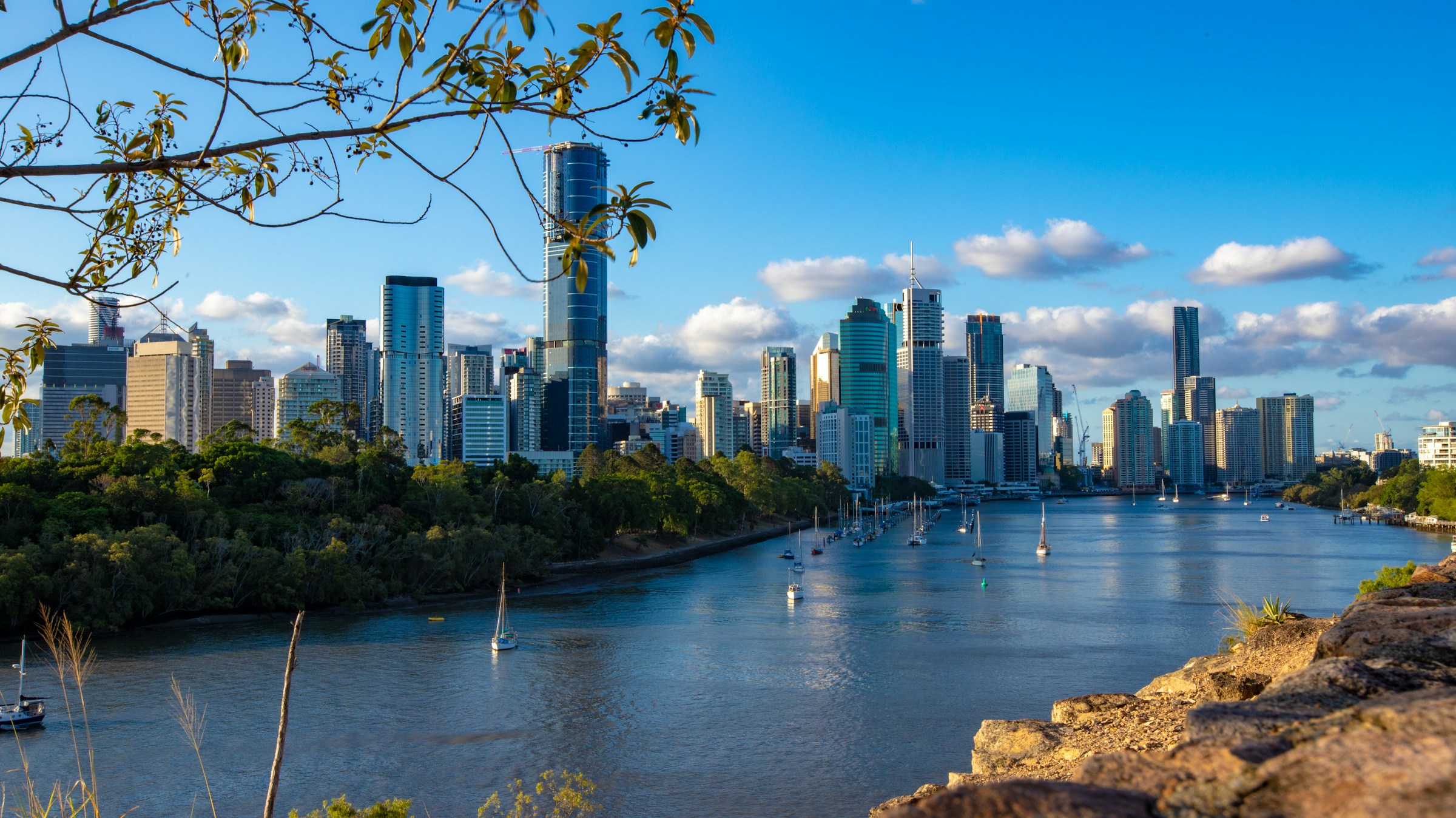 Wide view of the Brisbane city skyline and river from Kangaroo Point